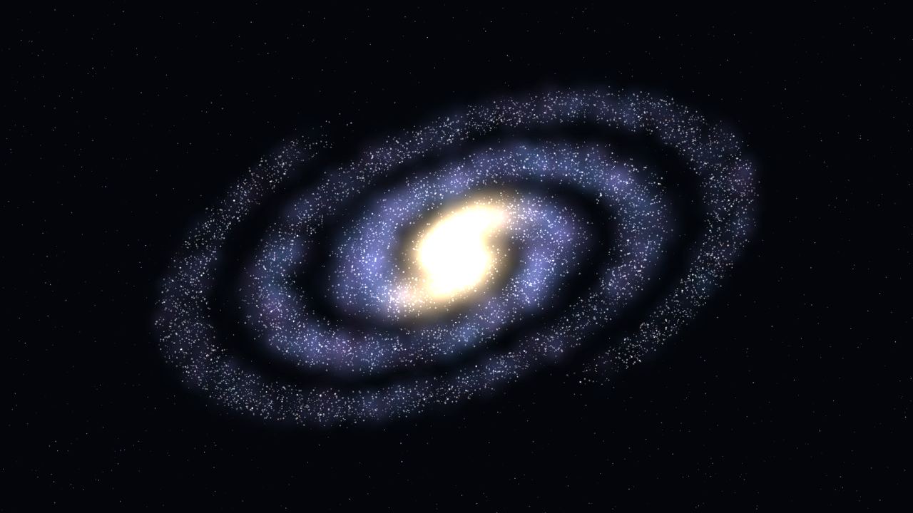 A spiral galaxy seen at an angle, its arms full of stars