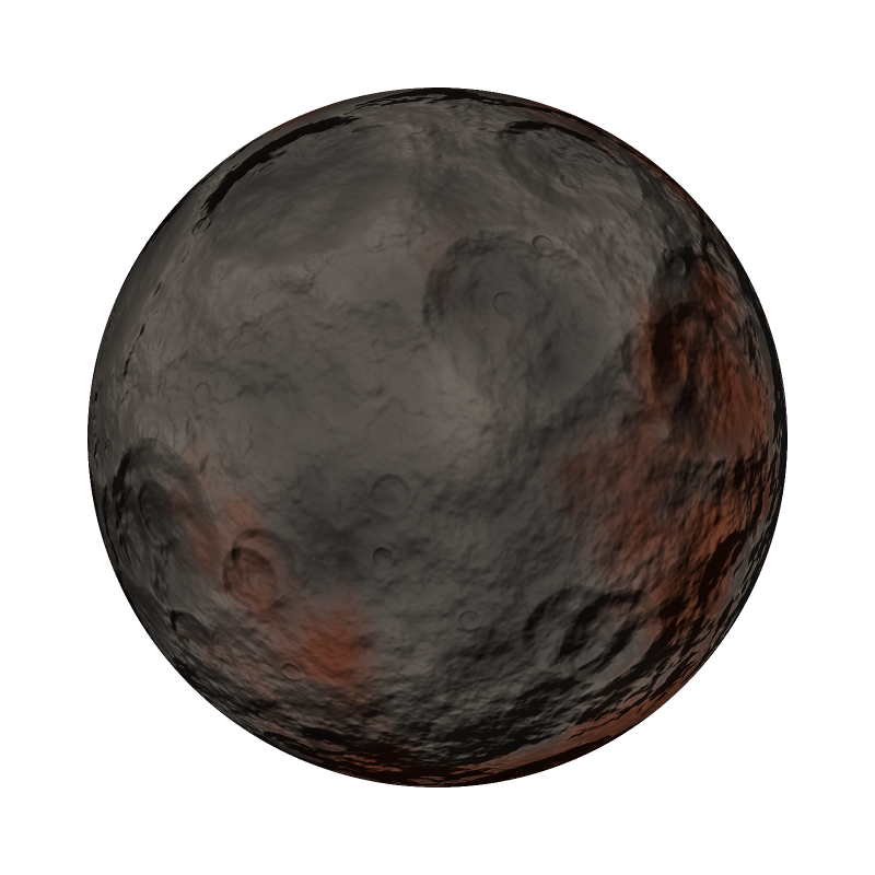 The iron world at the rim of the galaxy: a cratered, rust-streaked planet, its ore veins glowing on the night side