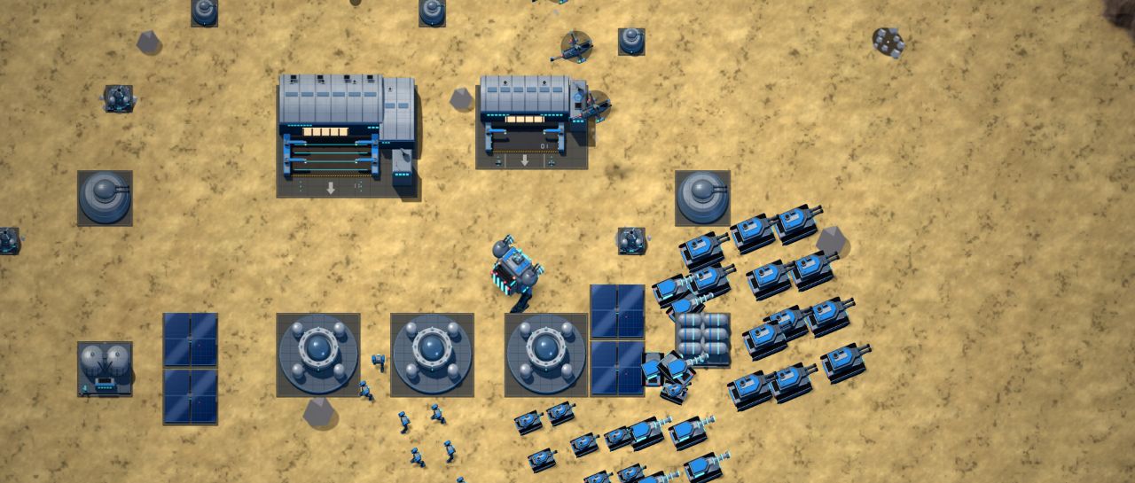 Gameplay: a Concord base in the desert, factories, fusion cores and a tank column