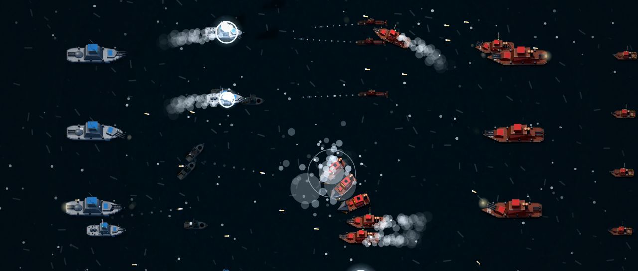 Gameplay: a blue fleet and a red fleet trade fire across dark water