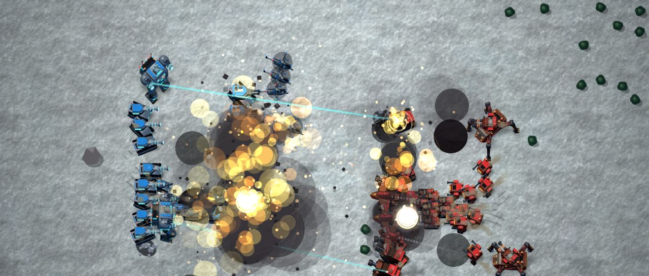 Gameplay: Concord and Dominion titans clash on an icy plain amid explosions and smoke