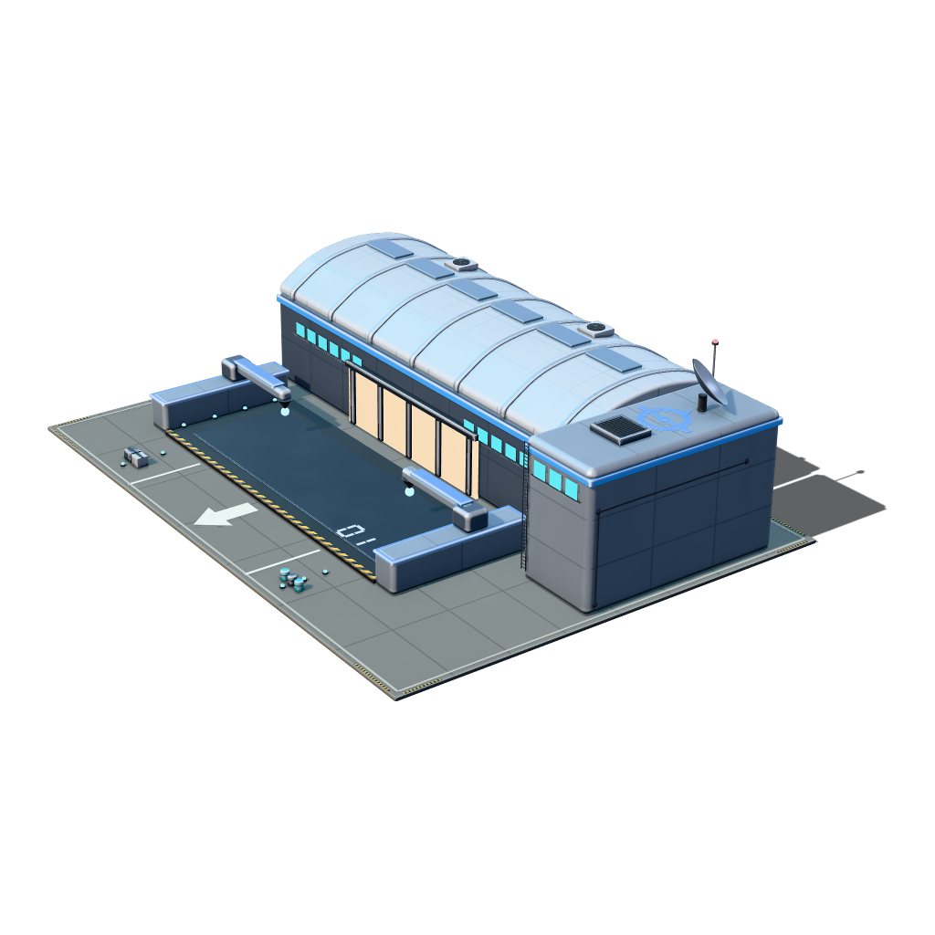 A Ground Works factory with its bay open, rendered from the game's model